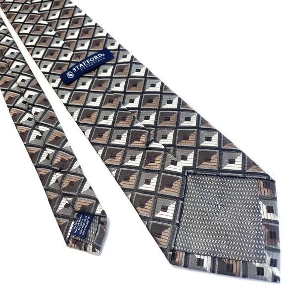Stafford Essentials Brown White Silk Tie Woven Geometric - Picture 3 of 6